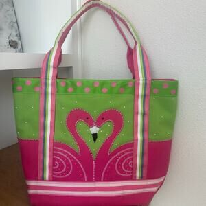 The Quacker Factory Pink & Lime Green Swans canvas tote bag beach pool summer